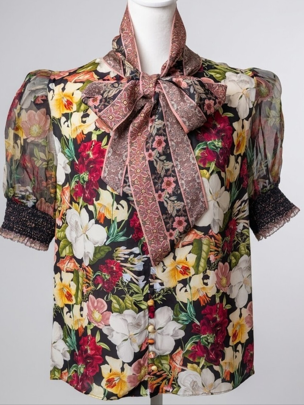 Alice + Olivia Brentley Floral Puff Sleeve Blouse Size M Tie Neck CC307P98017